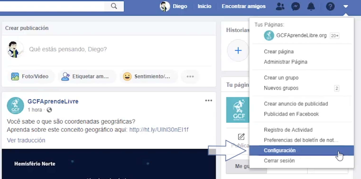 Selecciona el botón Configuración, para modificar tu cuenta de Facebook.